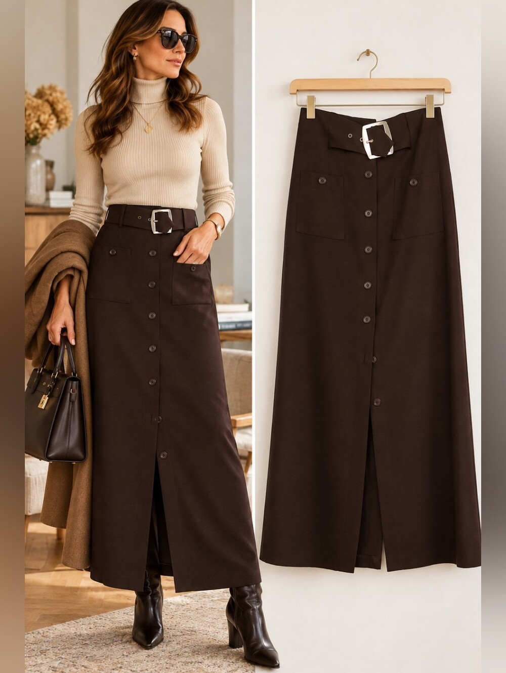 Vintage SUBWAY Chocolate Brown Maxi Skirt Buckle Button Front Made in Canada 7/8